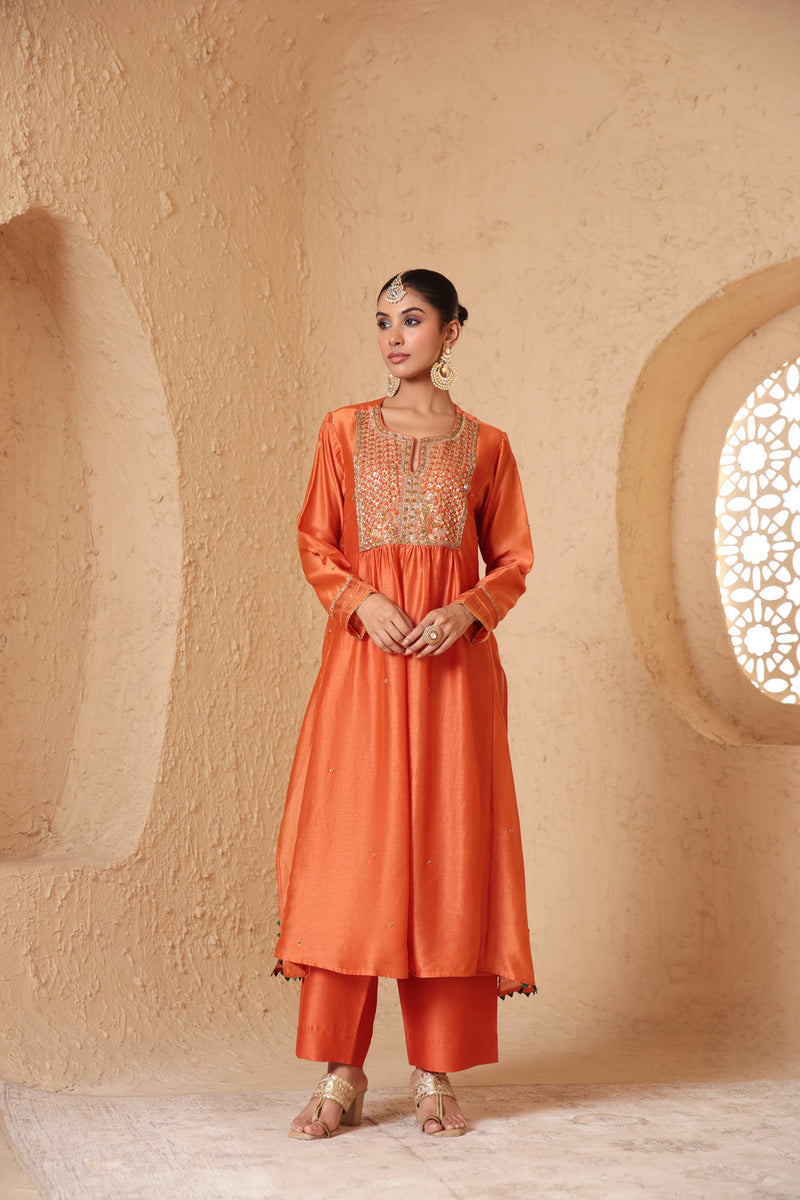 Mehrang Orange Frockstyle Kurta Set silk chanderi , silk tencel kurta/kurta set by Niti Bothra in orange for women in Singapore