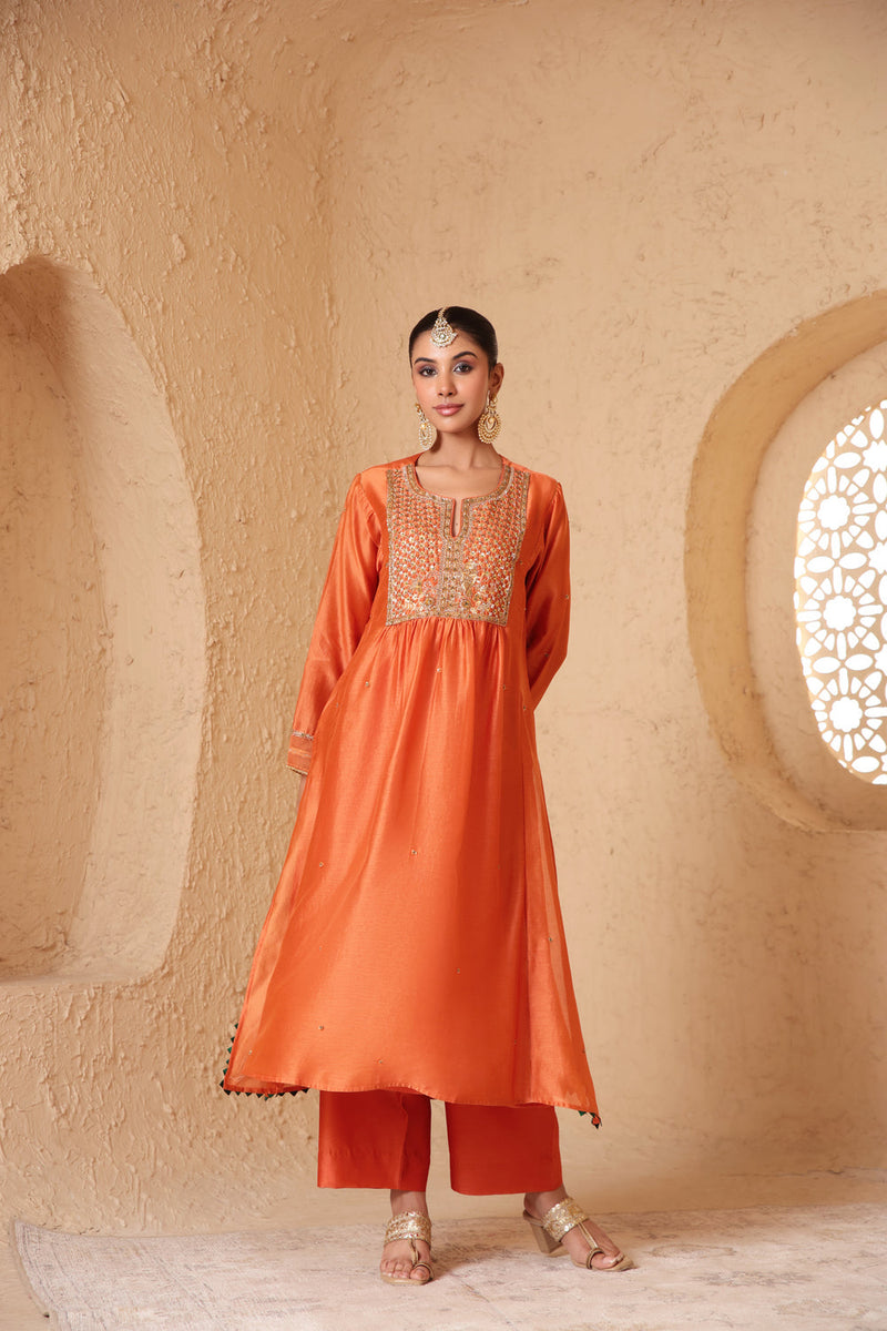 Mehrang Orange Frockstyle Kurta Set silk chanderi , silk tencel kurta/kurta set by Niti Bothra in orange for women in Singapore
