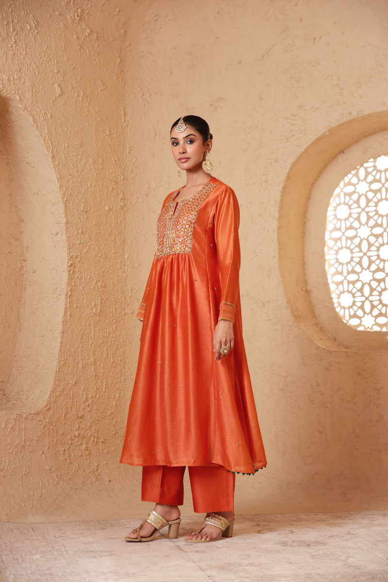 Mehrang Orange Frockstyle Kurta Set silk chanderi , silk tencel kurta/kurta set by Niti Bothra in orange for women in Singapore