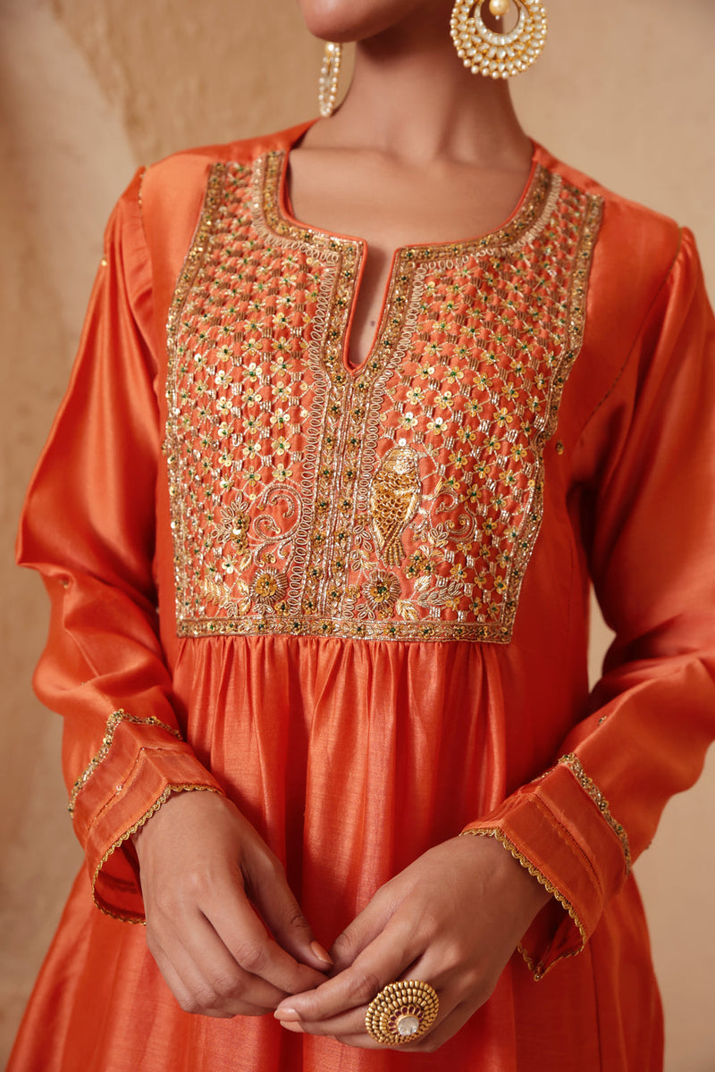 Mehrang Orange Frockstyle Kurta Set silk chanderi , silk tencel kurta/kurta set by Niti Bothra in orange for women in Singapore