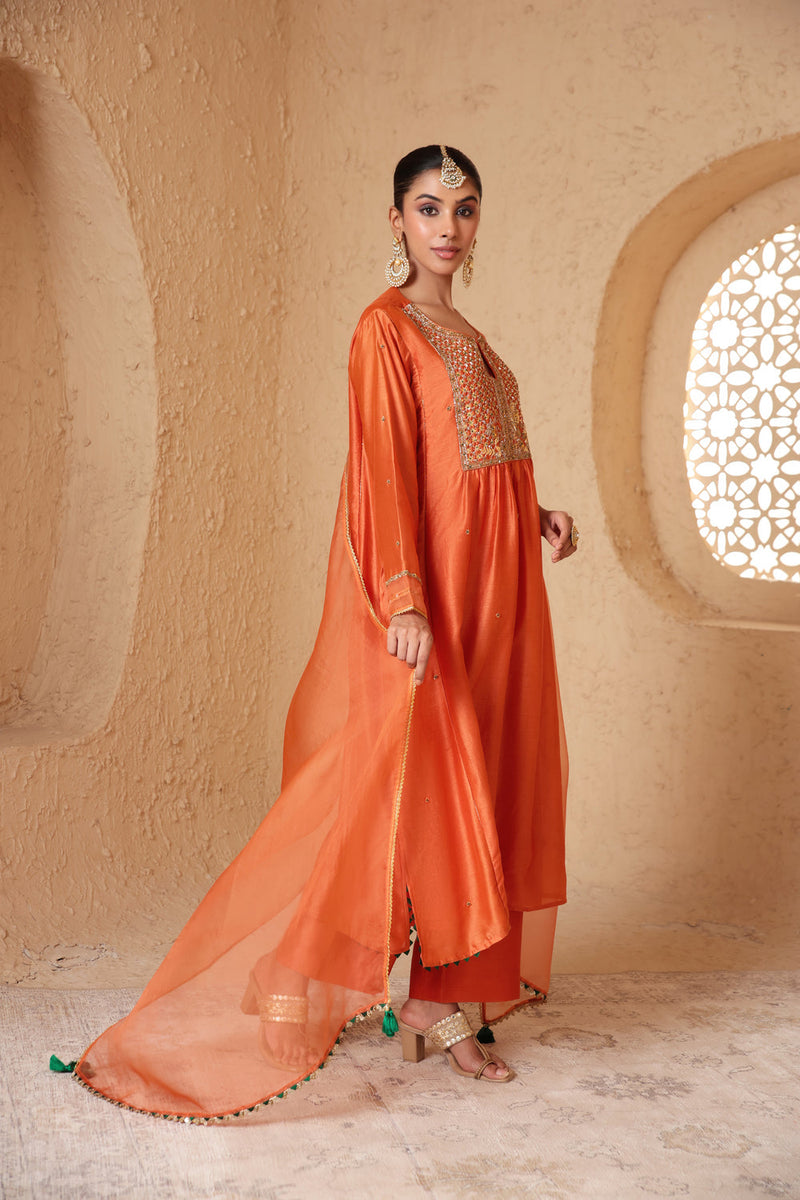 Mehrang Orange Frockstyle Kurta Set silk chanderi , silk tencel kurta/kurta set by Niti Bothra in orange for women in Singapore
