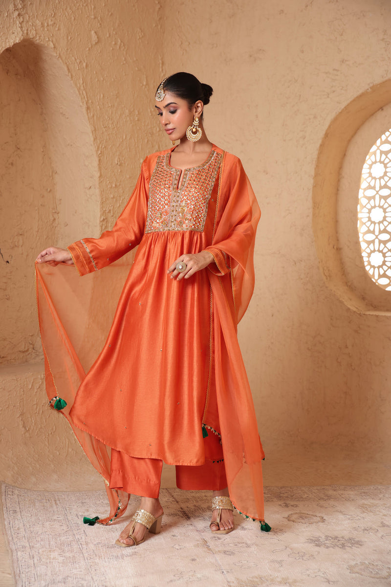 Mehrang Orange Frockstyle Kurta Set silk chanderi , silk tencel kurta/kurta set by Niti Bothra in orange for women in Singapore
