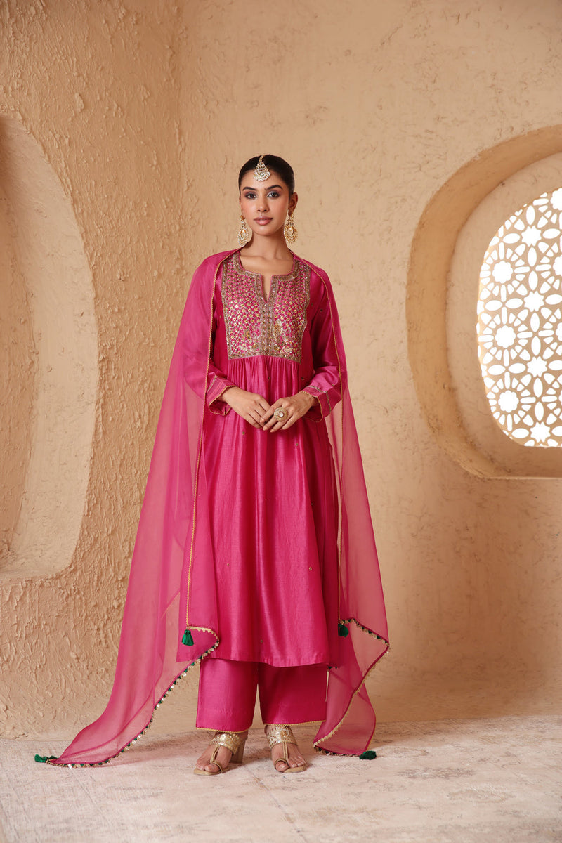 Mehrang Pink Frockstyle Kurta Set silk chanderi , silk tencel kurta/kurta set by Niti Bothra in pink for women in Singapore