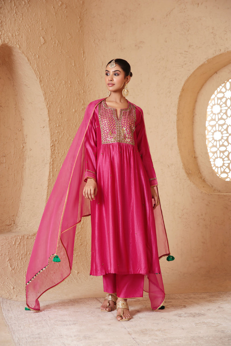Mehrang Pink Frockstyle Kurta Set silk chanderi , silk tencel kurta/kurta set by Niti Bothra in pink for women in Singapore