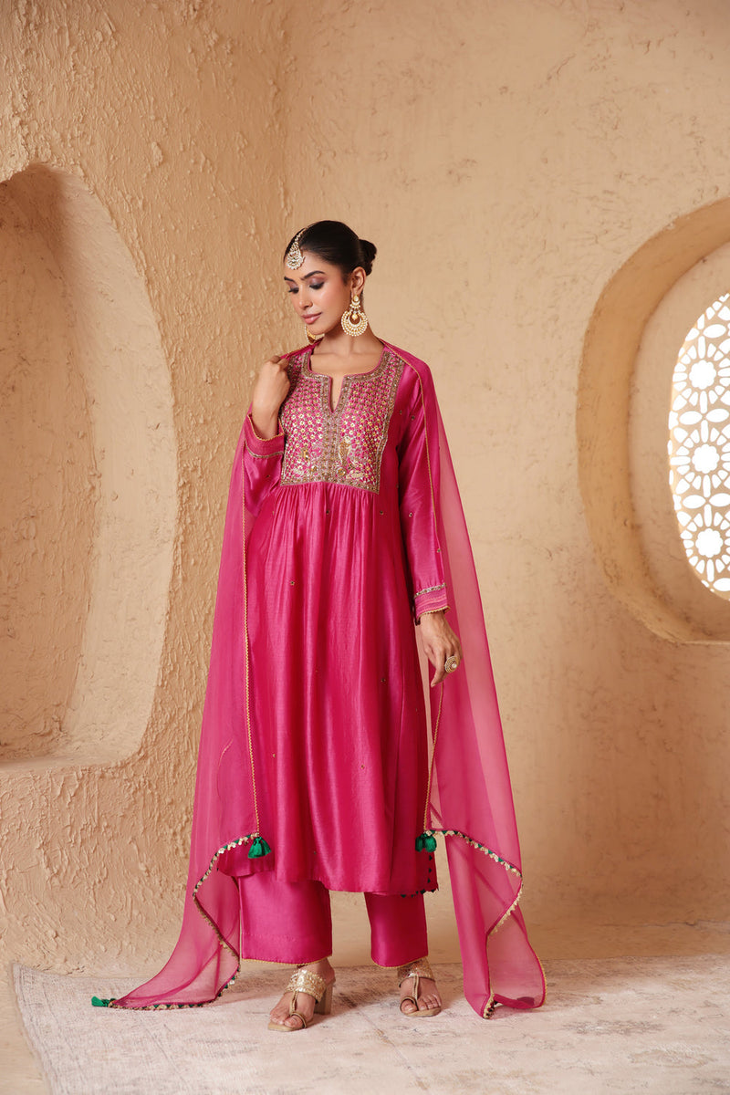 Mehrang Pink Frockstyle Kurta Set silk chanderi , silk tencel kurta/kurta set by Niti Bothra in pink for women in Singapore