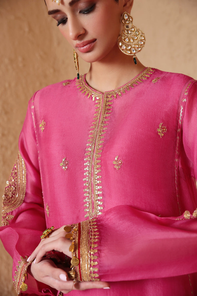 Mehrang Pink Short Pheran Kurta Set organza , silk tencel kurta/kurta set by Niti Bothra in pink for women in Singapore