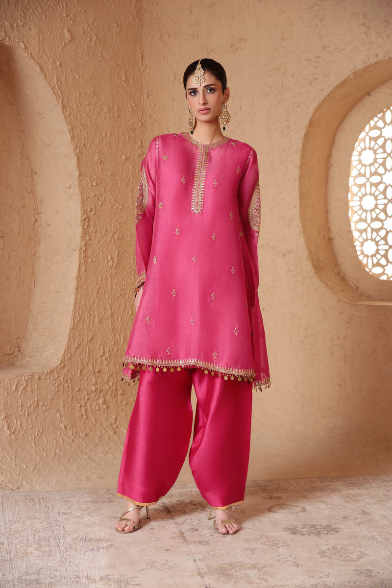 Mehrang Pink Short Pheran Kurta Set organza , silk tencel kurta/kurta set by Niti Bothra in pink for women in Singapore