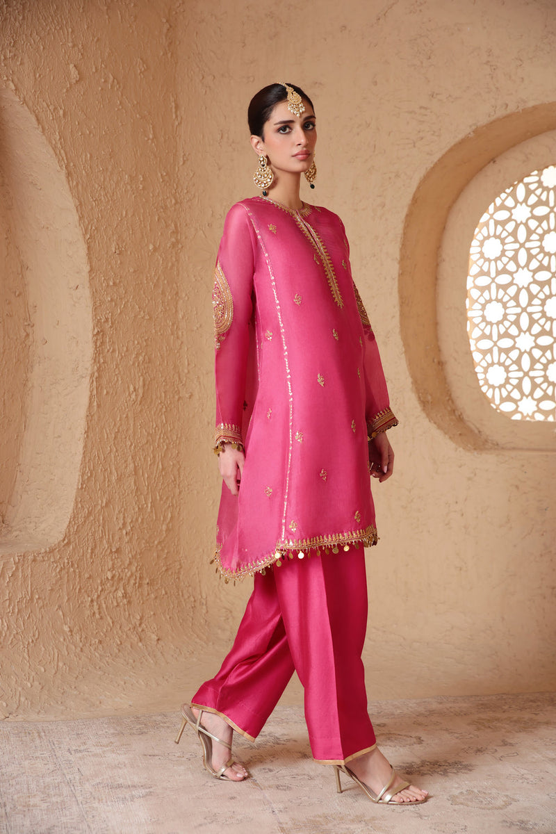 Mehrang Pink Short Pheran Kurta Set organza , silk tencel kurta/kurta set by Niti Bothra in pink for women in Singapore