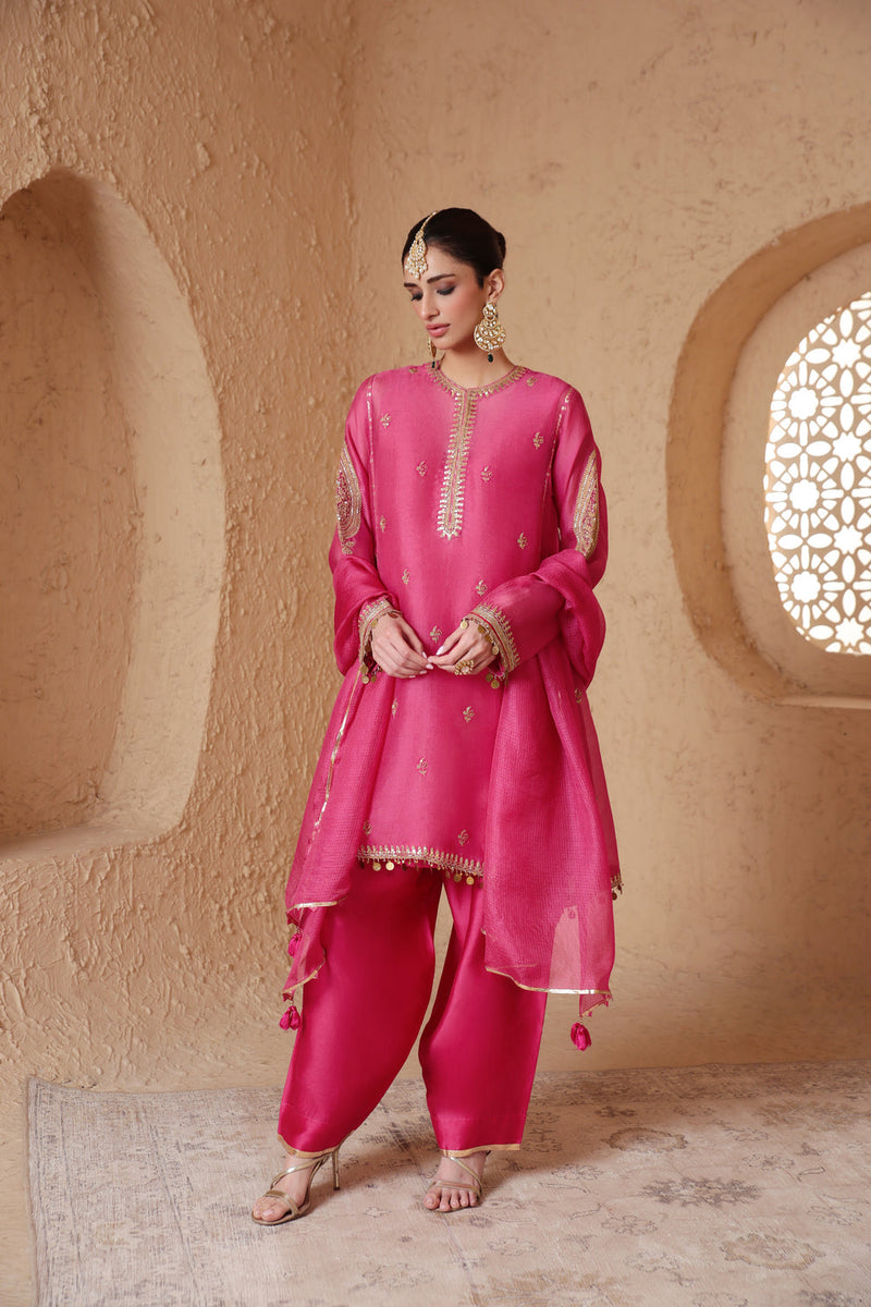 Mehrang Pink Short Pheran Kurta Set organza , silk tencel kurta/kurta set by Niti Bothra in pink for women in Singapore