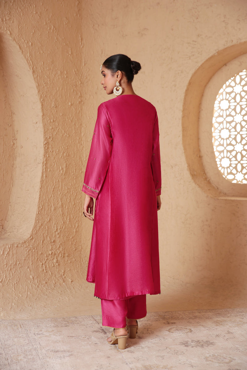 Mehrang Pink Frockstyle Kurta Set silk chanderi , silk tencel kurta/kurta set by Niti Bothra in pink for women in Singapore