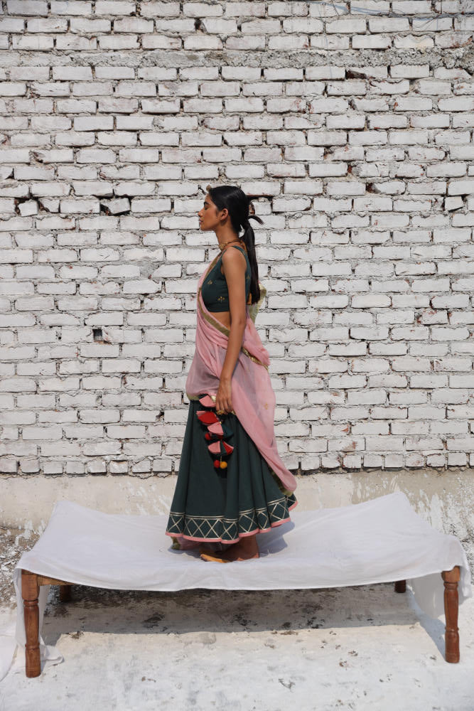 Noor ghagra set cotton Lehenga Sets by Khara Kapas in green for women in Singapore