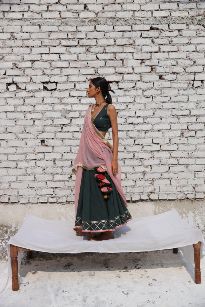 Noor ghagra set cotton Lehenga Sets by Khara Kapas in green for women in Singapore