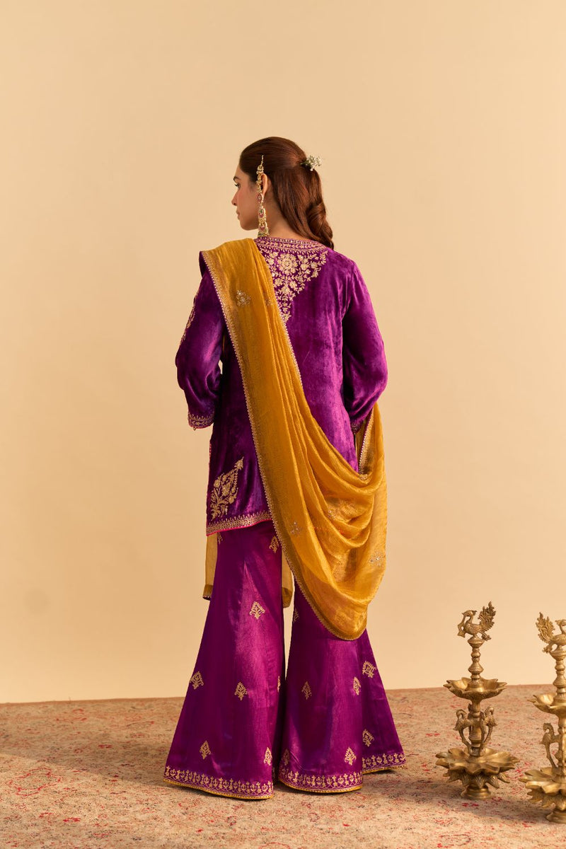 Nooren - Deep Purple Kurta with Flared Palazzo and Dupatta silk by SHEETAL BATRA in purple color for women in Singapore