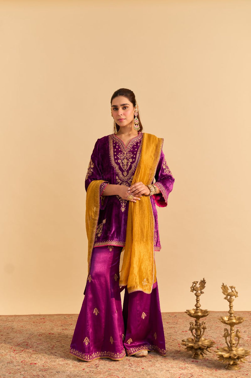 Nooren - Deep Purple Kurta with Flared Palazzo and Dupatta silk by SHEETAL BATRA in purple color for women in Singapore