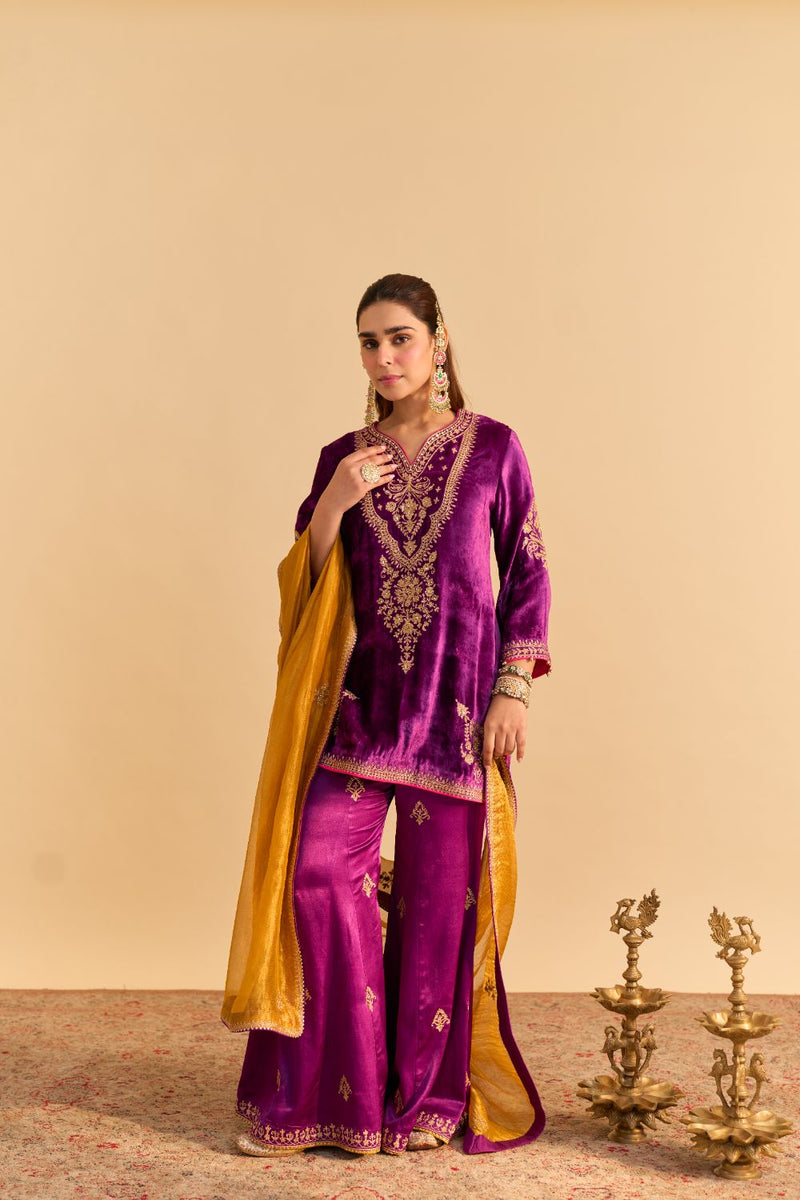 Nooren - Deep Purple Kurta with Flared Palazzo and Dupatta silk by SHEETAL BATRA in purple color for women in Singapore