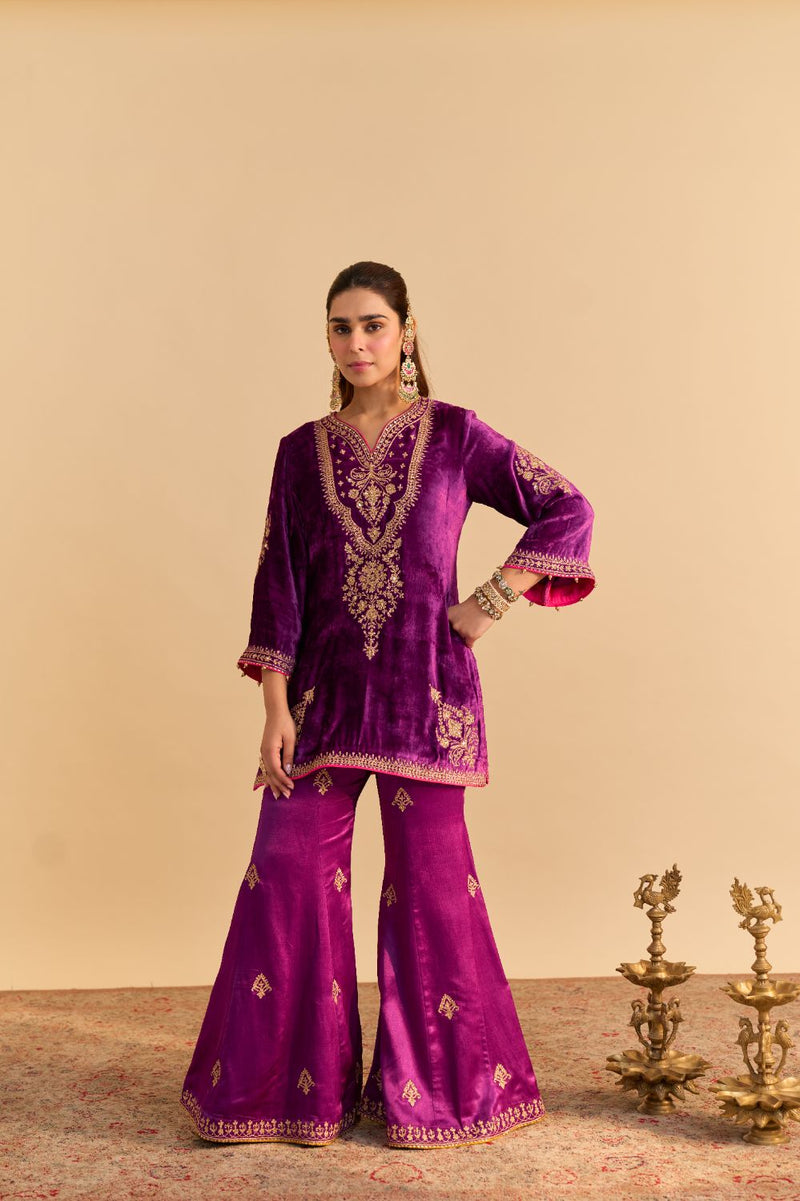 Nooren - Deep Purple Kurta with Flared Palazzo and Dupatta silk by SHEETAL BATRA in purple color for women in Singapore