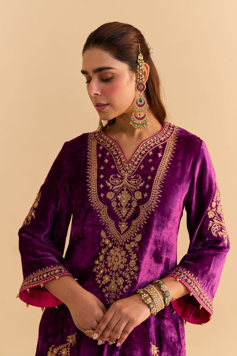 Nooren - Deep Purple Kurta with Flared Palazzo and Dupatta silk by SHEETAL BATRA in purple color for women in Singapore