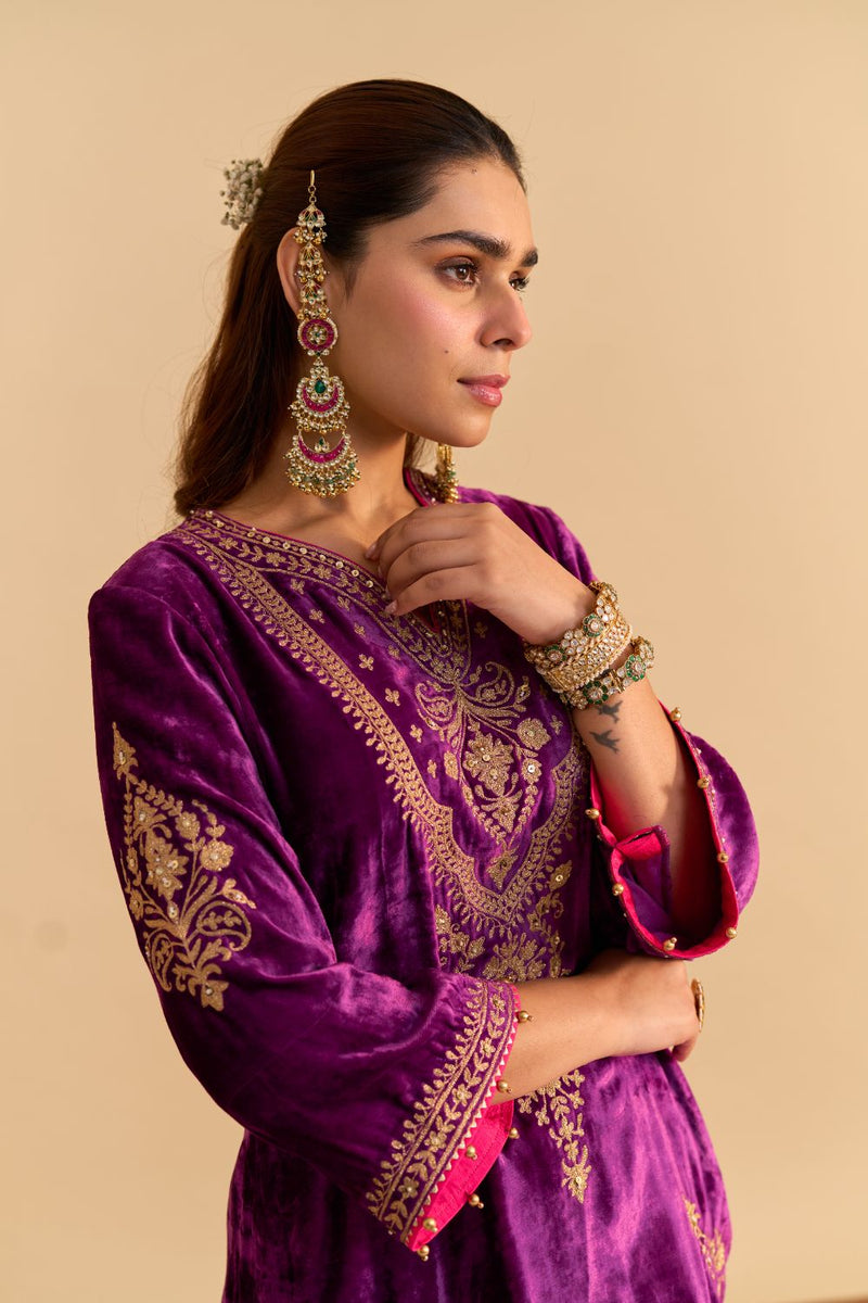 Nooren - Deep Purple Kurta with Flared Palazzo and Dupatta silk by SHEETAL BATRA in purple color for women in Singapore