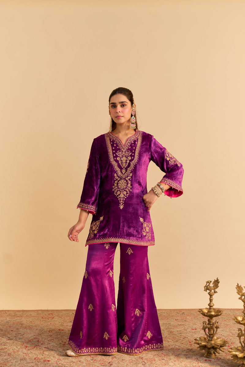 Nooren - Deep Purple Kurta with Flared Palazzo and Dupatta silk by SHEETAL BATRA in purple color for women in Singapore