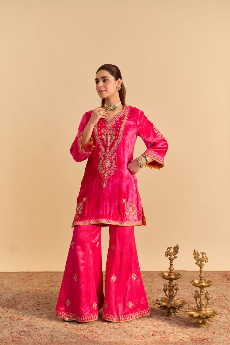 Nooren - Hotpink Kurta with Flared Palazzo and Dupatta silk by SHEETAL BATRA in pink color for women in Singapore