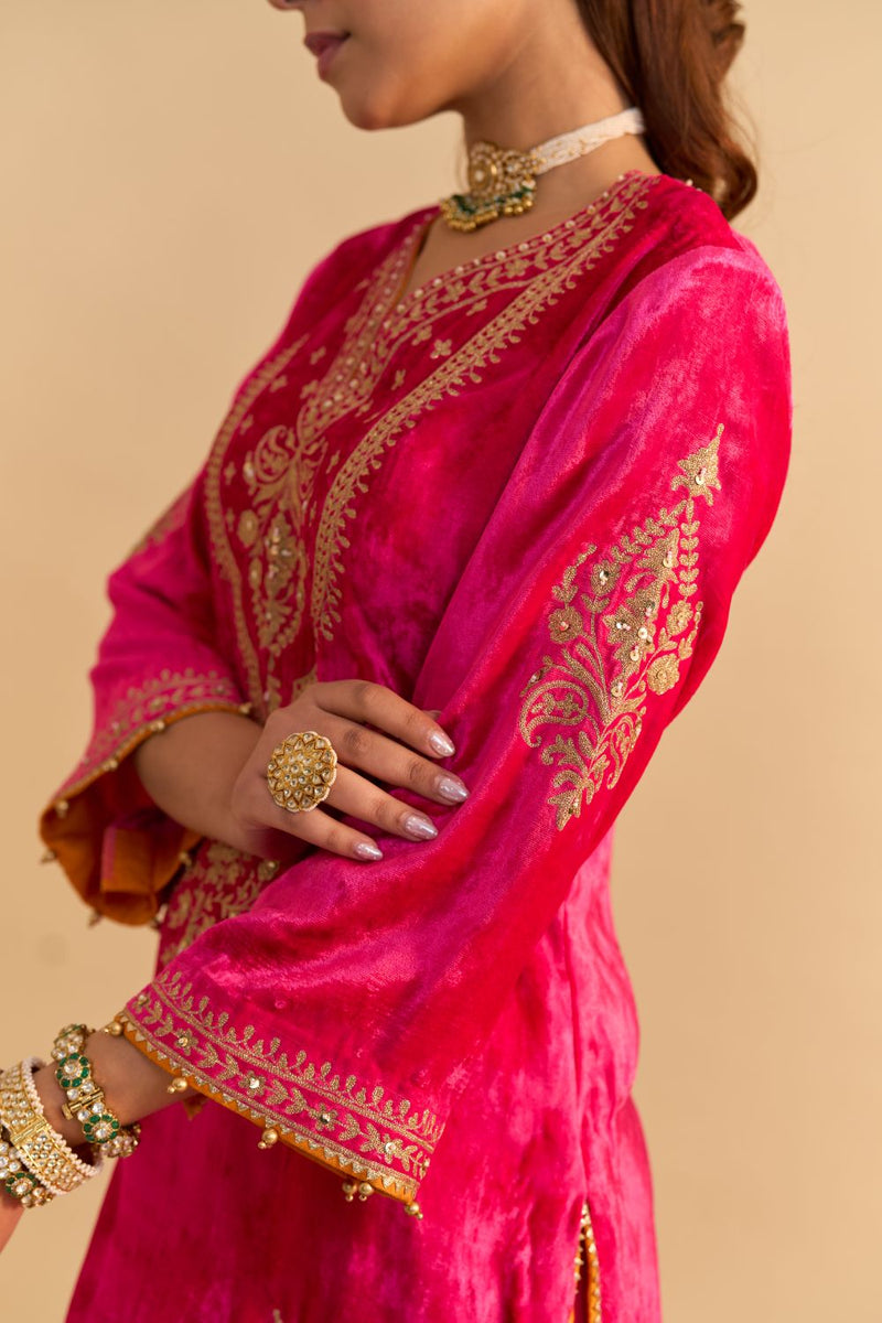 Nooren - Hotpink Kurta with Flared Palazzo and Dupatta silk by SHEETAL BATRA in pink color for women in Singapore