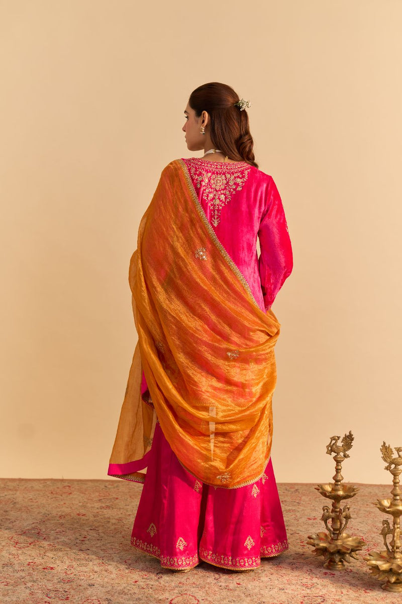 Nooren - Hotpink Kurta with Flared Palazzo and Dupatta silk by SHEETAL BATRA in pink color for women in Singapore