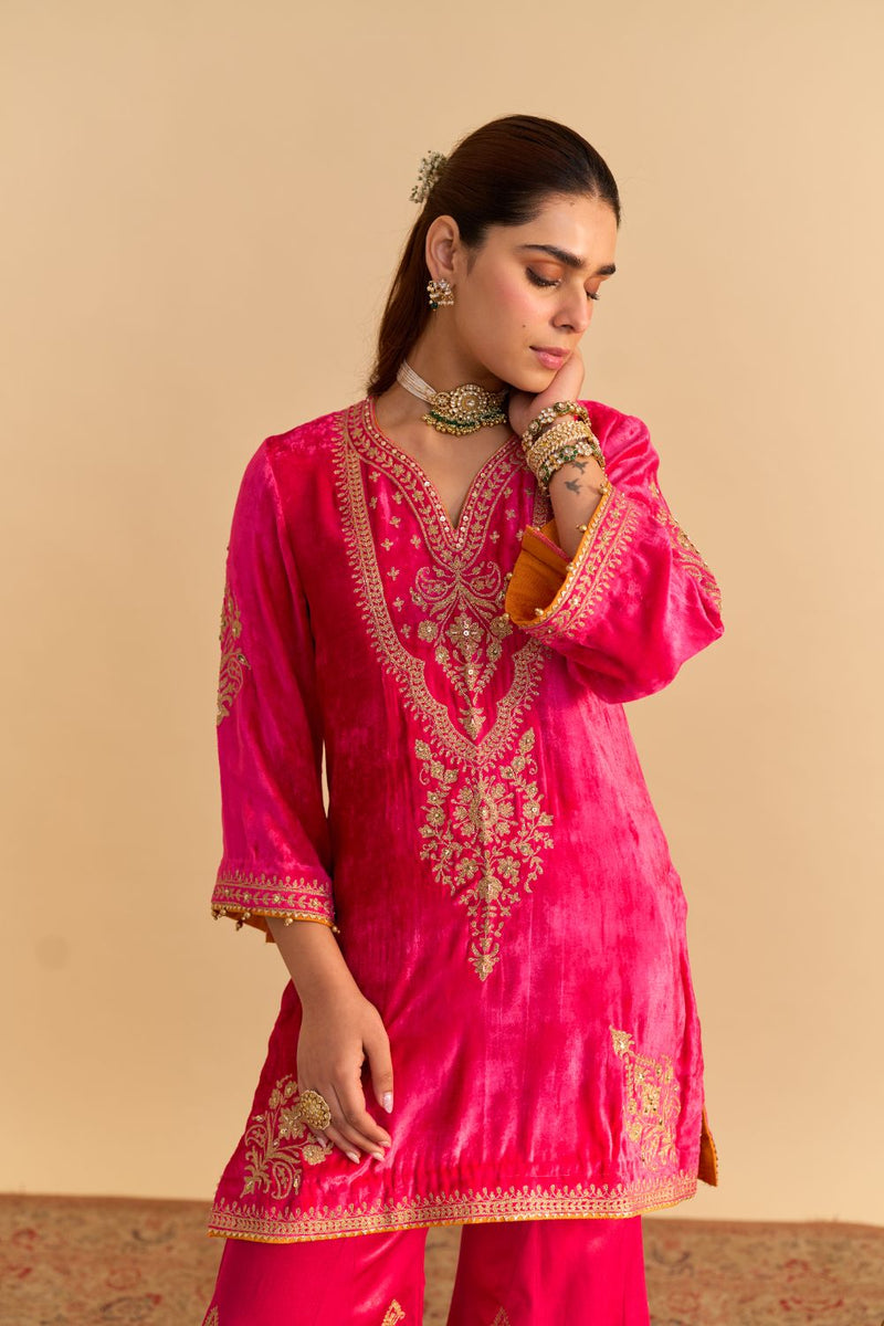 Nooren - Hotpink Kurta with Flared Palazzo and Dupatta silk by SHEETAL BATRA in pink color for women in Singapore