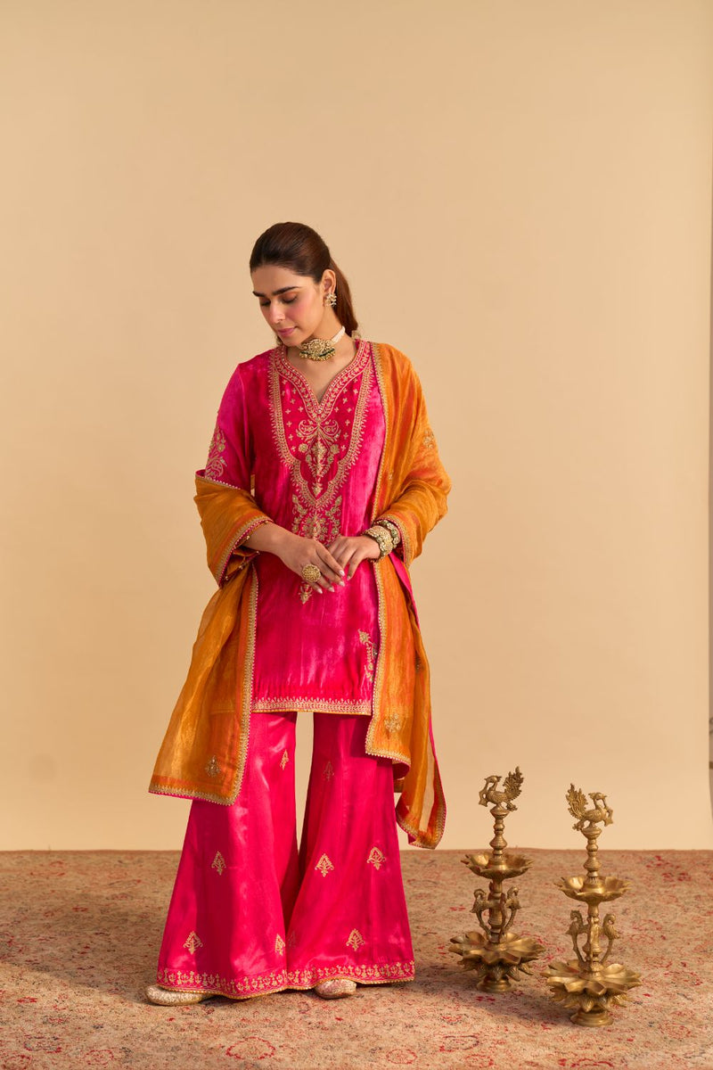 Nooren - Hotpink Kurta with Flared Palazzo and Dupatta silk by SHEETAL BATRA in pink color for women in Singapore