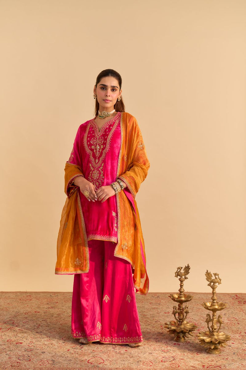 Nooren - Hotpink Kurta with Flared Palazzo and Dupatta silk by SHEETAL BATRA in pink color for women in Singapore