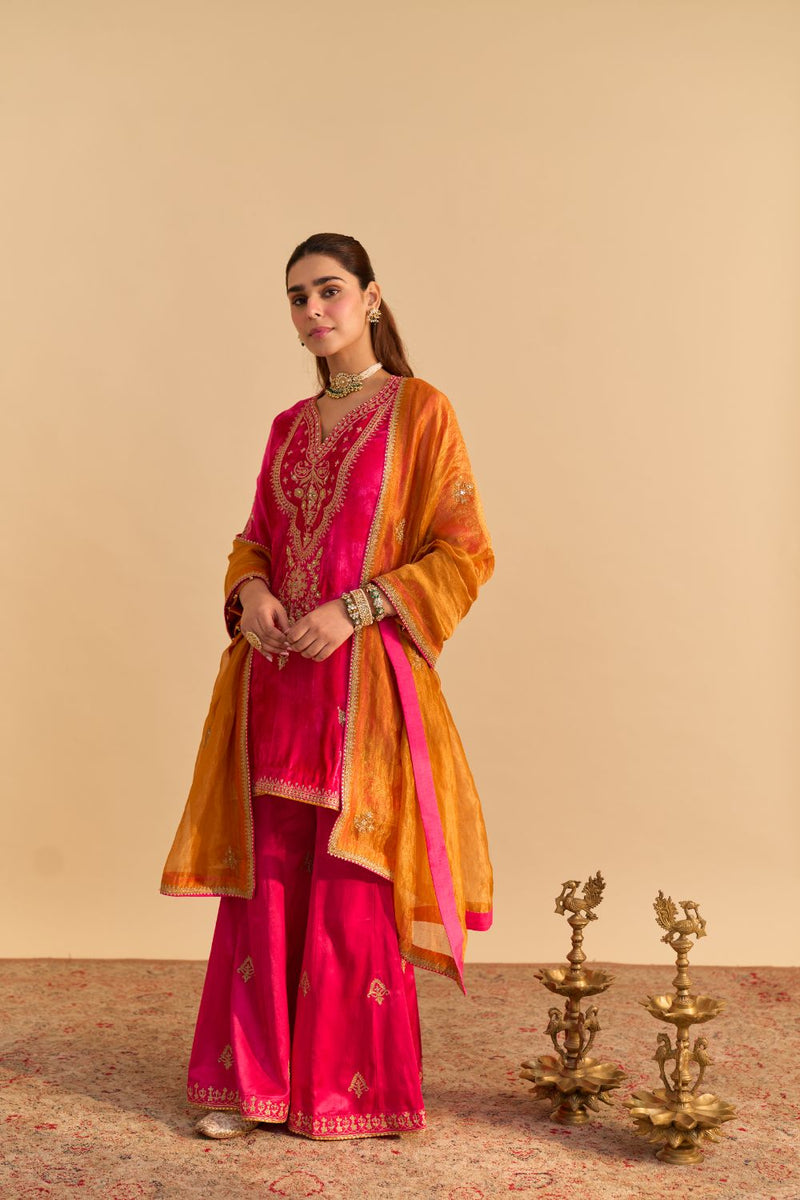 Nooren - Hotpink Kurta with Flared Palazzo and Dupatta silk by SHEETAL BATRA in pink color for women in Singapore