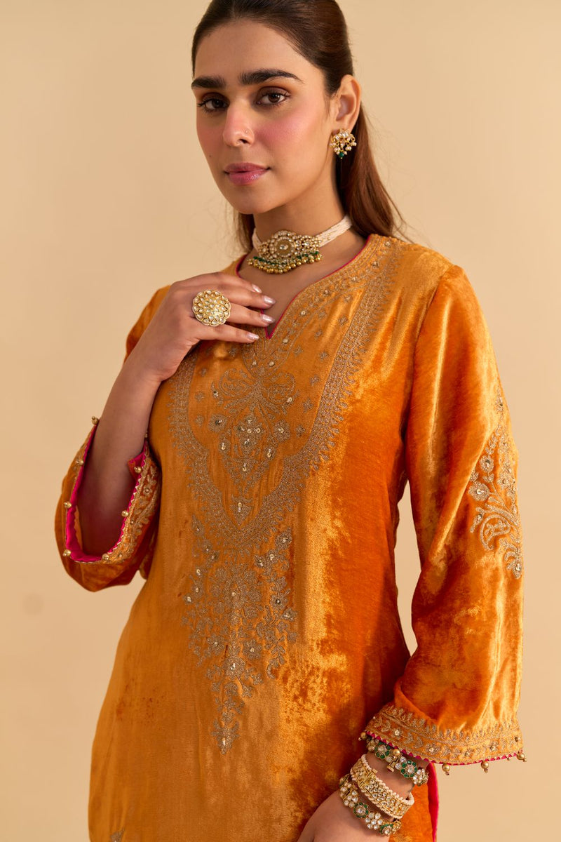 Nooren - Orange Kurta with Flared Palazzo and Dupatta silk by SHEETAL BATRA in orange color for women in Singapore