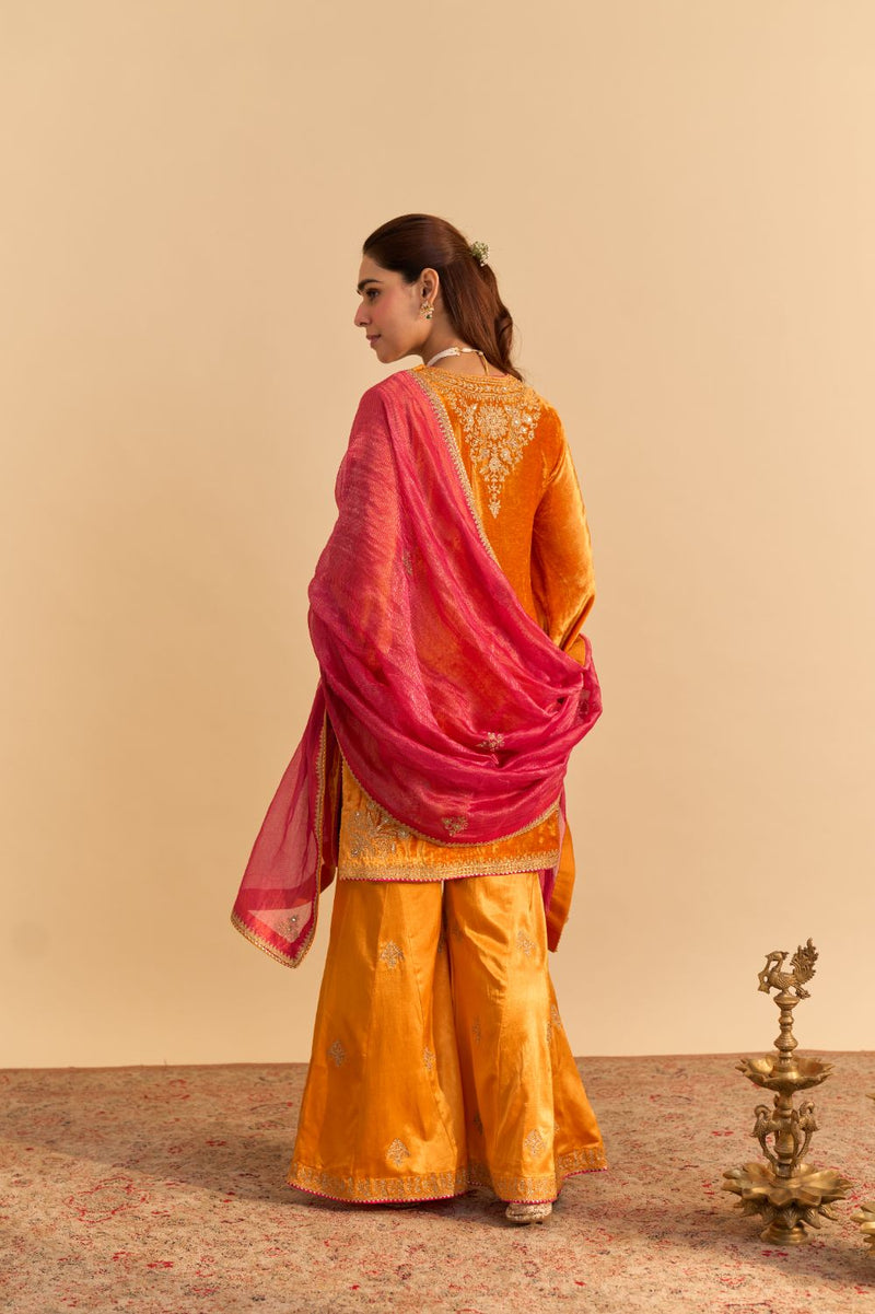 Nooren - Orange Kurta with Flared Palazzo and Dupatta silk by SHEETAL BATRA in orange color for women in Singapore