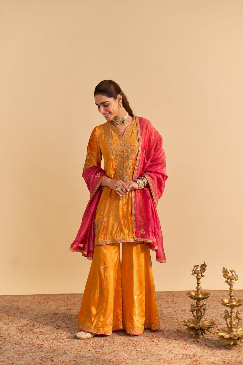Nooren - Orange Kurta with Flared Palazzo and Dupatta silk by SHEETAL BATRA in orange color for women in Singapore