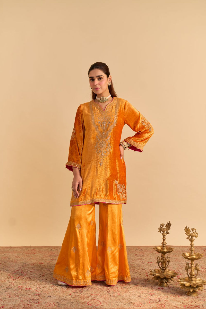 Nooren - Orange Kurta with Flared Palazzo and Dupatta silk by SHEETAL BATRA in orange color for women in Singapore