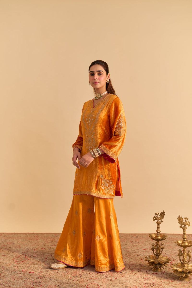 Nooren - Orange Kurta with Flared Palazzo and Dupatta silk by SHEETAL BATRA in orange color for women in Singapore