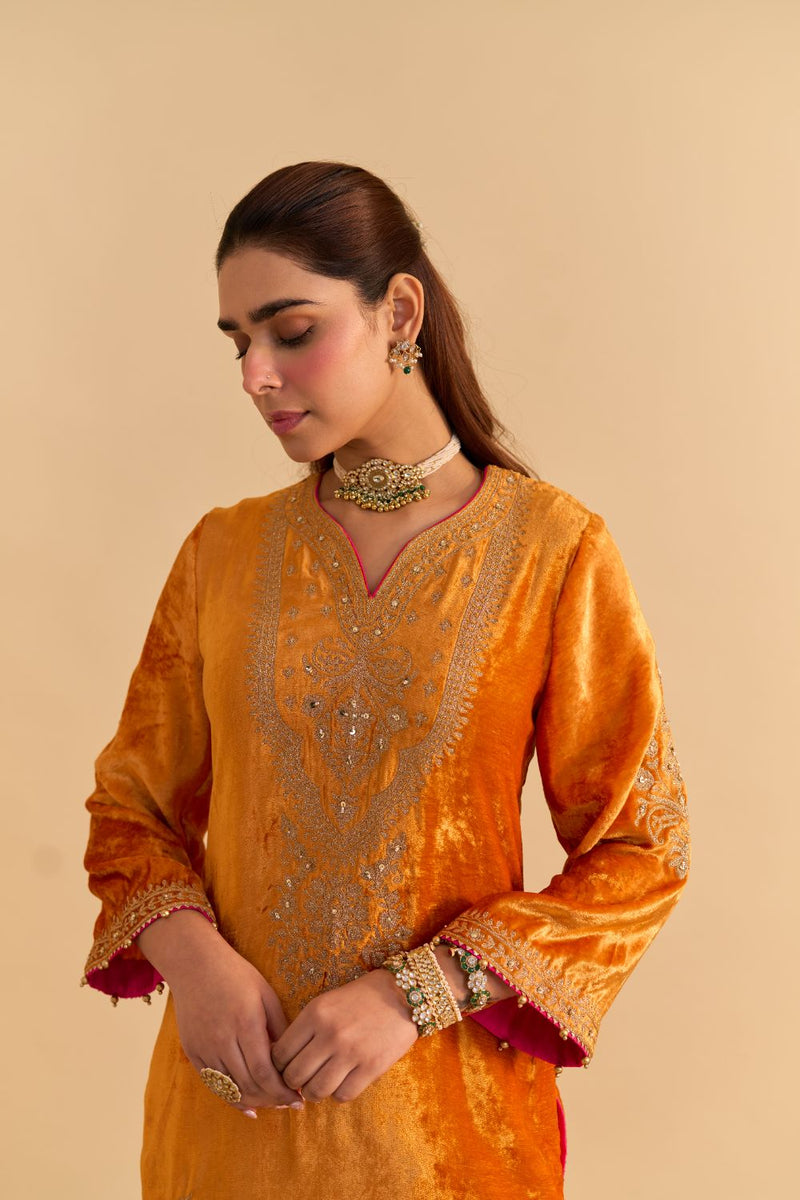 Nooren - Orange Kurta with Flared Palazzo and Dupatta silk by SHEETAL BATRA in orange color for women in Singapore