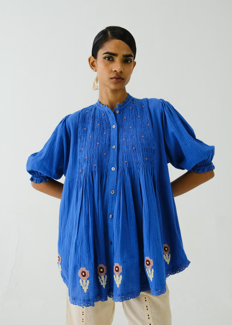 Nova Top-Electric Blue Flower Applique cotton by CORD for women in Singapore