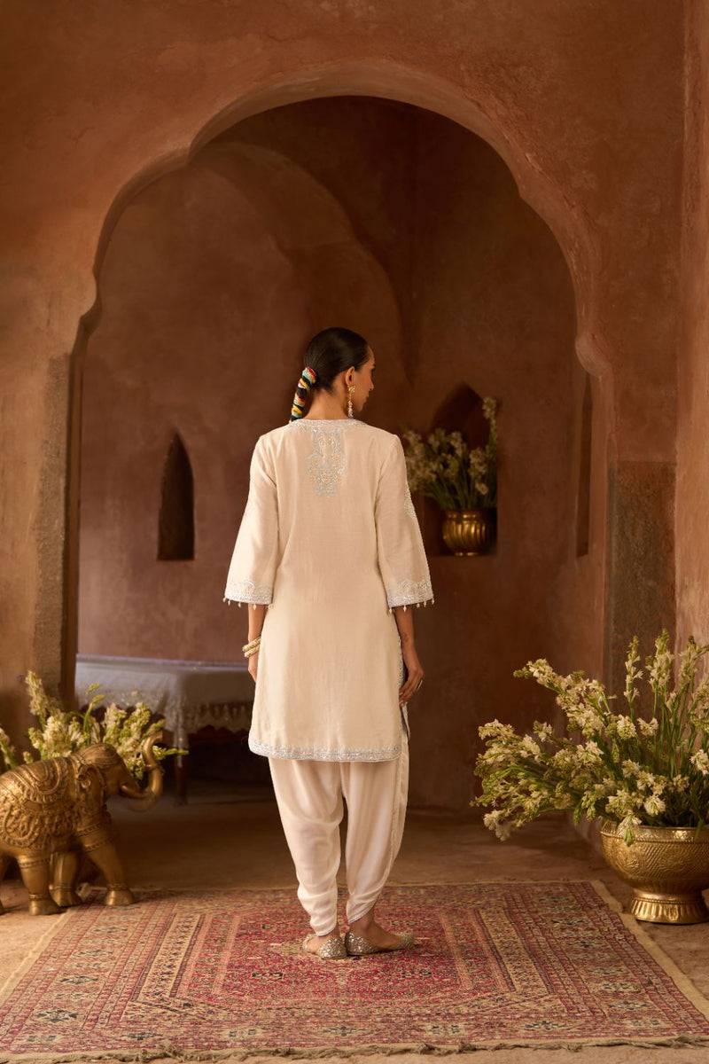 NYRA - DAISY IVORY WITH BLUE SHORT KURTA AND DHOTI silk chanderi kurta/kurta set by SHEETAL BATRA in daisy ivory with blue for women in Singapore