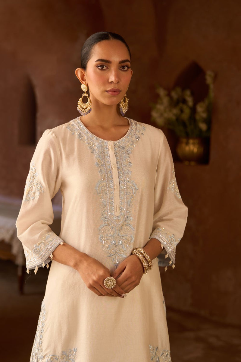 NYRA - DAISY IVORY WITH BLUE SHORT KURTA AND DHOTI silk chanderi kurta/kurta set by SHEETAL BATRA in daisy ivory with blue for women in Singapore