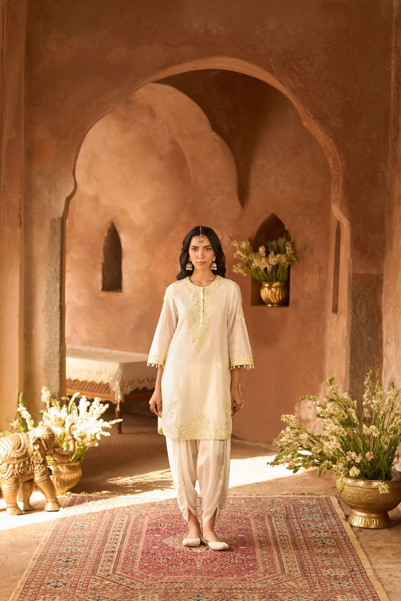 NYRA - DAISY IVORY WITH MINT GREEN SHORT KURTA AND DHOTI silk chanderi kurta/kurta set by SHEETAL BATRA in daisy ivory with mint green for women in Singapore