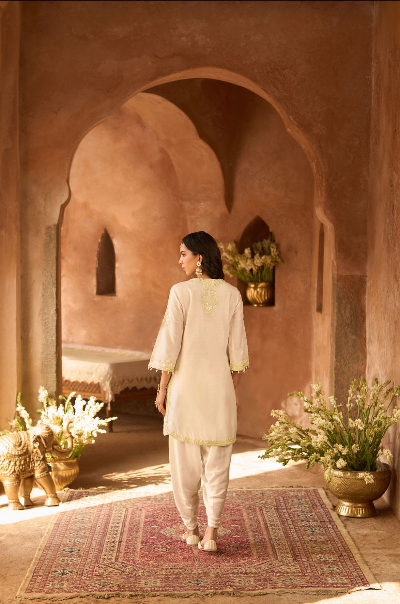 NYRA - DAISY IVORY WITH MINT GREEN SHORT KURTA AND DHOTI silk chanderi kurta/kurta set by SHEETAL BATRA in daisy ivory with mint green for women in Singapore