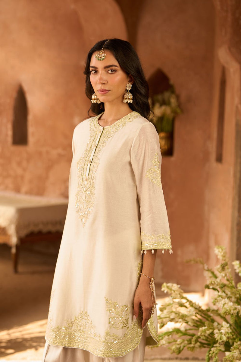 NYRA - DAISY IVORY WITH MINT GREEN SHORT KURTA AND DHOTI silk chanderi kurta/kurta set by SHEETAL BATRA in daisy ivory with mint green for women in Singapore