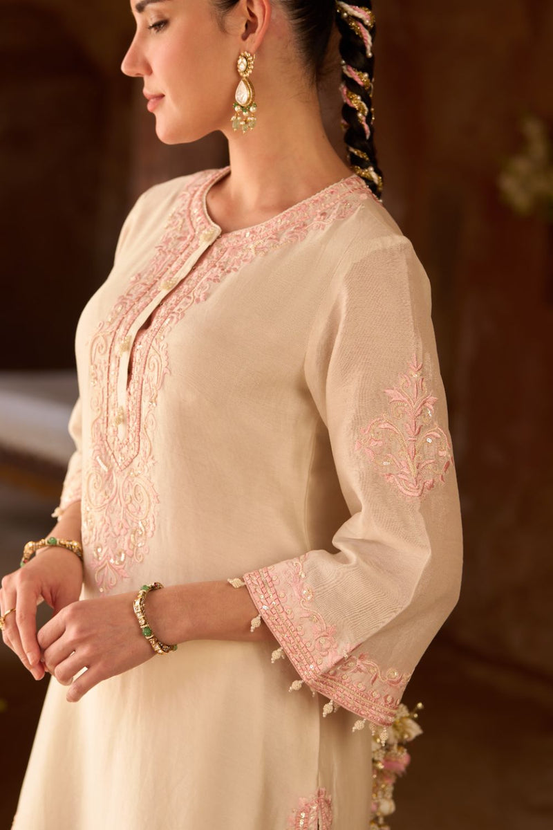 NYRA - DAISY IVORY WITH PINK SHORT KURTA AND DHOTI silk chanderi kurta/kurta set by SHEETAL BATRA in daisy ivory with pink for women in Singapore