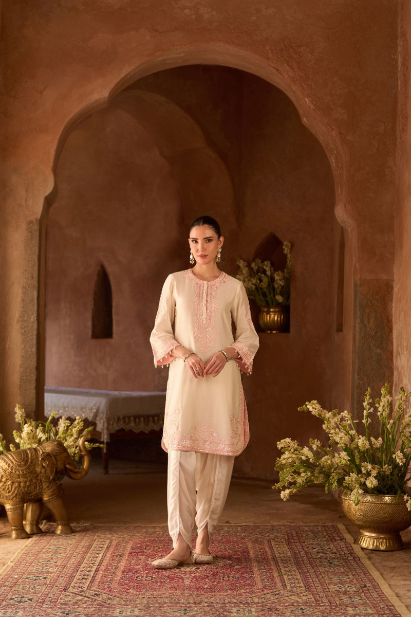 NYRA - DAISY IVORY WITH PINK SHORT KURTA AND DHOTI silk chanderi kurta/kurta set by SHEETAL BATRA in daisy ivory with pink for women in Singapore