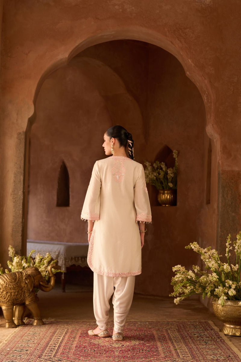 NYRA - DAISY IVORY WITH PINK SHORT KURTA AND DHOTI silk chanderi kurta/kurta set by SHEETAL BATRA in daisy ivory with pink for women in Singapore