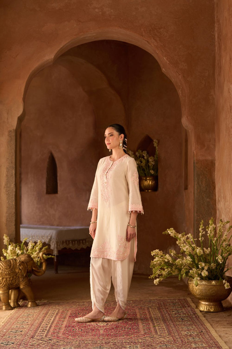 NYRA - DAISY IVORY WITH PINK SHORT KURTA AND DHOTI silk chanderi kurta/kurta set by SHEETAL BATRA in daisy ivory with pink for women in Singapore