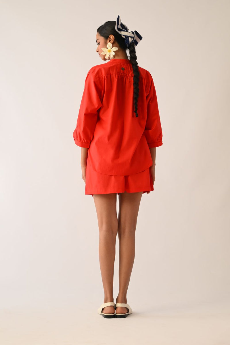 Mono Crimson Rj Appliqué Top poplin top/shirt by O'Frida in crimson for women in Singapore