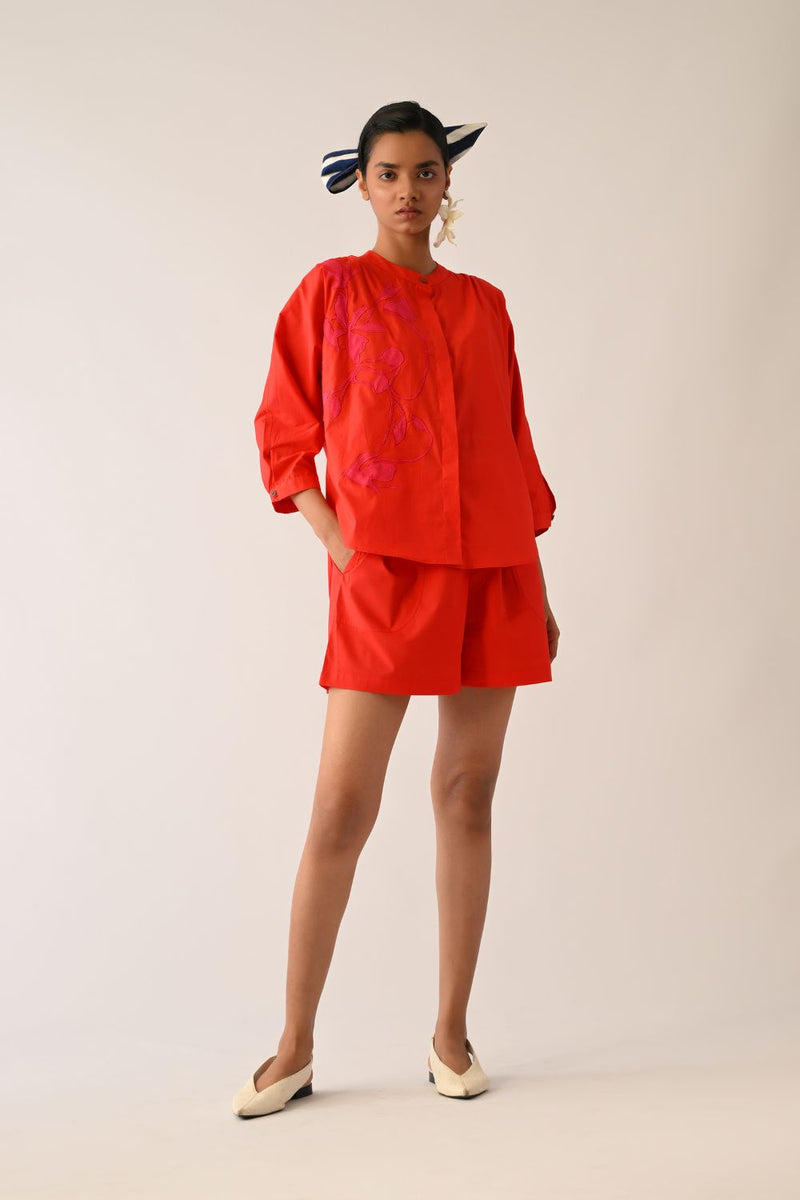 Mono Crimson Rj Appliqué Top poplin top/shirt by O'Frida in crimson for women in Singapore