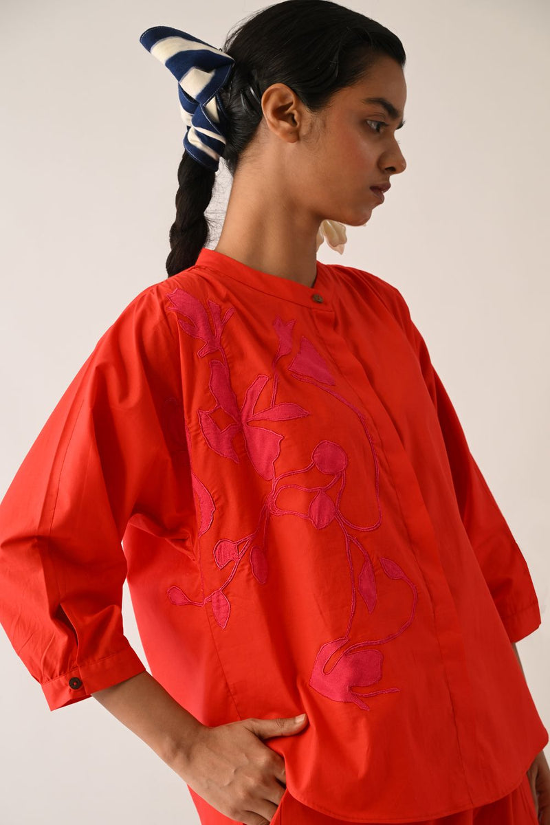 Mono Crimson Rj Appliqué Top poplin top/shirt by O'Frida in crimson for women in Singapore