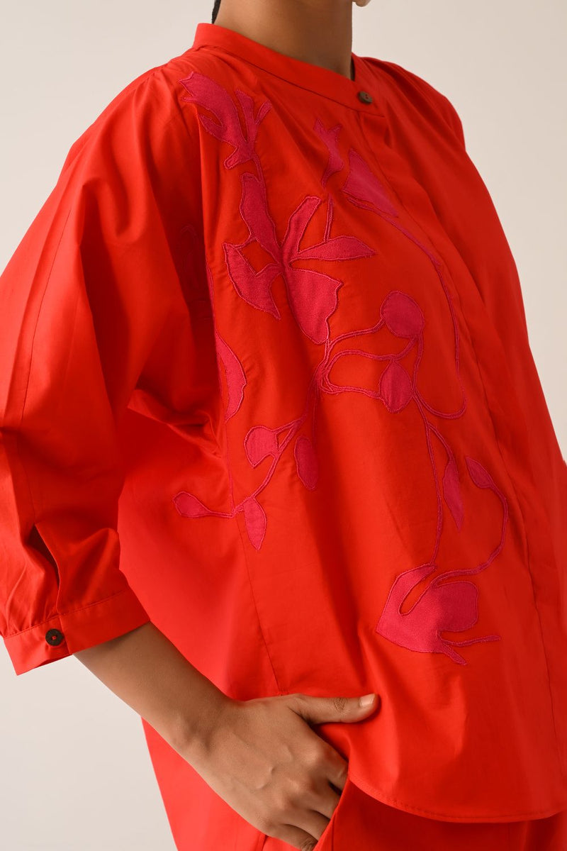 Mono Crimson Rj Appliqué Top poplin top/shirt by O'Frida in crimson for women in Singapore